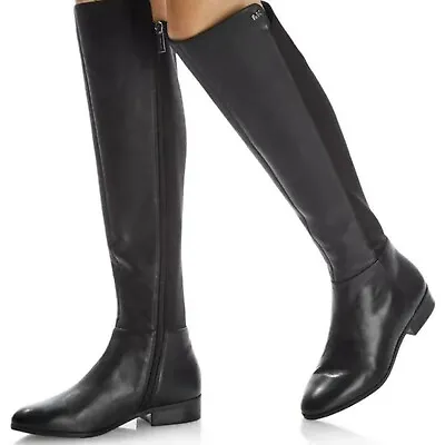 Michael Kors Black Nappa Leather Stretch Bromley Flat Tall Riding Boots Size 5 M • $90