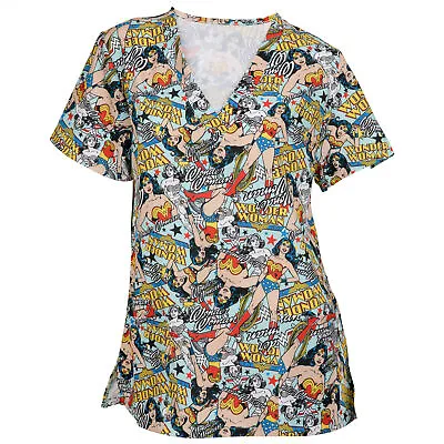 Wonder Woman Comic Art V-Neck Scrubs Top Multi-Color • $36.98