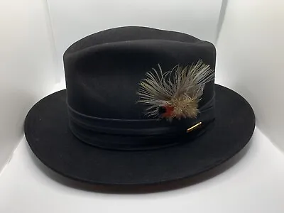 Vintage Royal Stetson Black  Fur Felt Fedora Hat Red Feather  Gold Pin Size 7 • $69.99