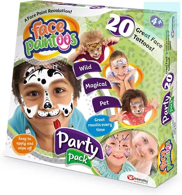 Face Paintoos FP101 Party Pack 20 Face Paint Tattoos For Kids Easy To Apply • £24.59