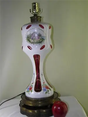 Antique Bohemian Moser  White Cut To Cranberry Figural Hand Painted Banquet Lamp • $463.25