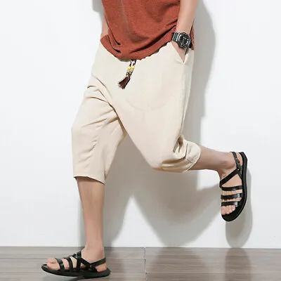 Mens Linen Capri Pants Shorts Drop Crotch Harem 3/4 Trousers Crop Retro Vintage • $18.99