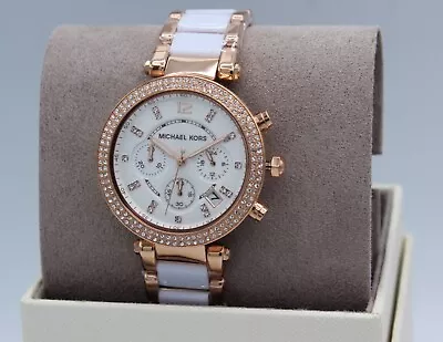 New Authentic Michael Kors Parker Rose Gold White Chronograph Women Mk5774 Watch • $139.99