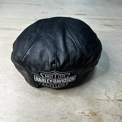 Vintage Harley Davidson Men's Black Leather Newsboy Cap Embroidered • $30