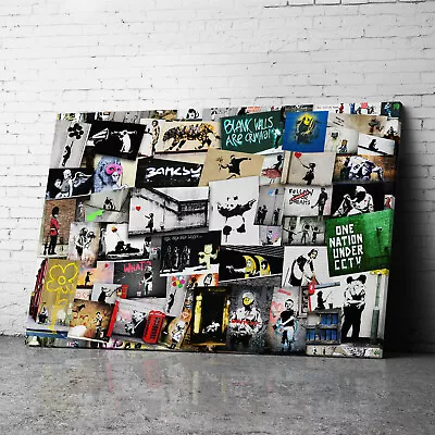 Collage Banksy Canvas Wall Art Prints Framed Large Graffiti Pictures • £16.99