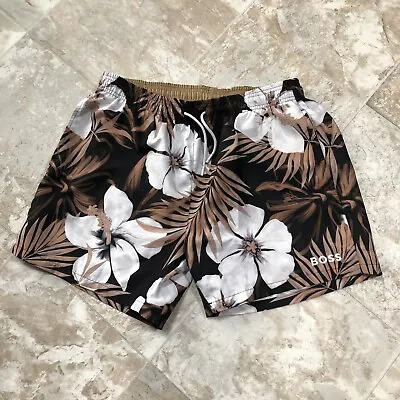 Men's HUGO BOSS Black Brown Floral Turtle Swim Trunks Shorts Swimsuit XL 5 In • $30