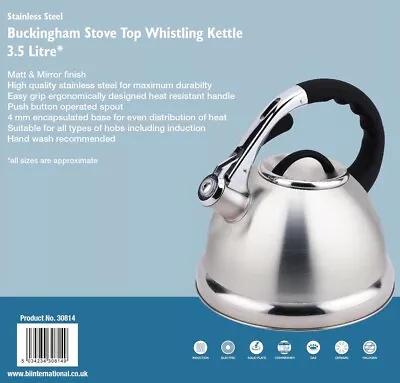 Buckingham Stove Top Induction Gas Whistling Kettle 3 L - Stainless Steel  • £24.99