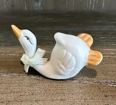 Vintage Ceramic Miniature Duck Figurine With Bow Duckling Tiny Shelf Decor • $11.99