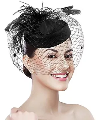 Pillbox Hat With Veil Vintage Fascinators For Women Small A-black With Feathers • $19.46