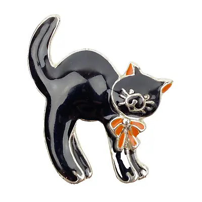 Vintage Black Cat Brooch Pin SFJ Signed Enamel Orange Bow Silver Tone Kitten • $12.34