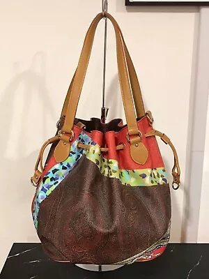 ETRO Milano Multicolor Coated Canvas/Leather Drawstring Shoulder Bag • $349