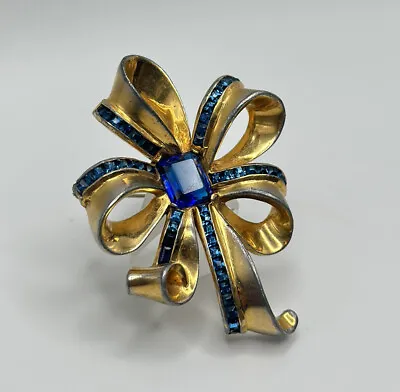 Vintage Mazer Gold Plate Sapphire Crystal Bow Brooch Chanel Set Rhinestones Blue • $475