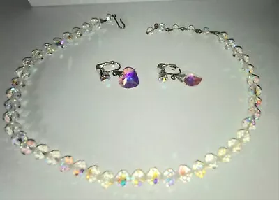 Vintage CORO Faceted Aurora Borealis Crystal Bead 17  Necklace & Earrings Set • $16.88