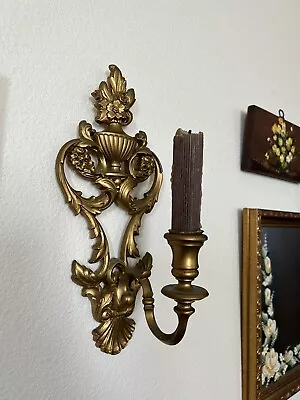 Vintage 1969 Syroco Wall Sconces Gold Flowers Hollywood Regency Decor Set Of 2 • $58