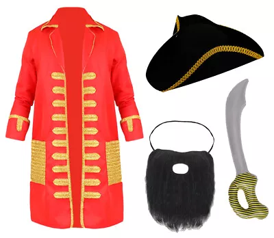 Adults Red Pirate Coat Captain Caribbean Mens Ladies Unisex Costume Fancy Dress • £15.99