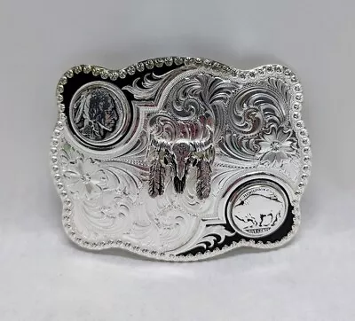 Montana Silversmiths Antiqued Buffalo Nickel And Skull Silver Belt Buckle • $119.85