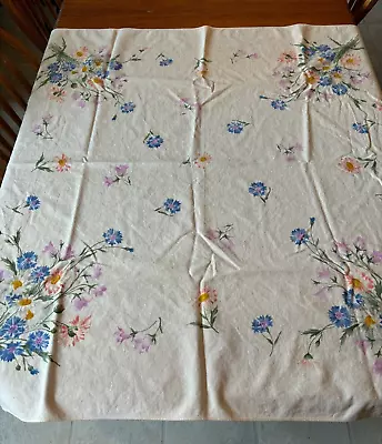 Sweet Vintage Cotton Screen Print Tablecloth 48  Sq. Blue & Purple Flowers • $32