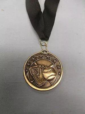 $1.99 • Buy GOLD BASEBALL 2  Diameter Medal With Black Neck Drape Trophy Award Ball And Mitt