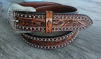 Western Cowboy Leather Belt Tooled Floral Brown Ranger Rodeo Studded Size 42 • $35.01