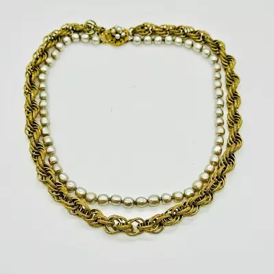 Miriam Haskell Baroque Silver Pearl & Gold Embossed Chain Double Strand Signed • £148.68