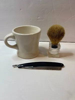 Vintage Barber Salon Straight Cut Razor W/ Cup Brush & Leather Belt • $30