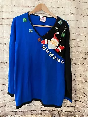 Quaker Factory Sweater Womens 2X Pullover Royal Blue Christmas Santa Embroidered • $28.49