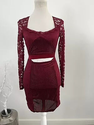 BNWT PrettyLittleThing PLT Burgundy Red Lace Sleeve Cut Out Mini Tight Dress 8 • £11.40