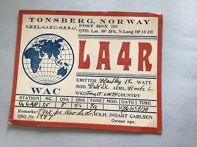 £10 • Buy Radio QSL Norway 1935 Card Ref 65313