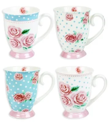 Set Of 4 Vintage Rose Afternoon Tea New Bone China Tea Drinking Mugs Pink Blue • £13.99