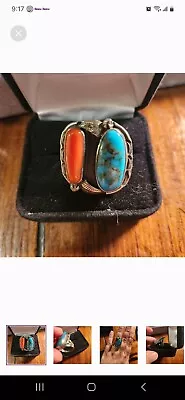 Vintage Tully Sam Navajo Turquoise & Coral Ring Size 7 • $65