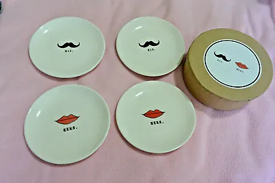 Magenta Rae Dunn  His  And  Hers  4 Appetizer Plates 5.75  Lips/Mustache NIB • $59.99