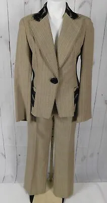 Yoanna Baraschi Beige Black Pinstriped Lace Trim Wool Jacket Pant Suit - 8/10 • £56.99