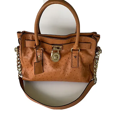 Michael Kors Hamilton Brown Ostrich Print Leather Purse Satchel Medium Bag • $69.99