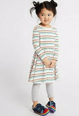 New Girls Cotton Striped Dress Rainbow Stripe Long Sleeve Ex M&S 12M To 7 Years • £7.95