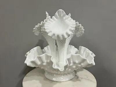 Vintage Mid-Century 1950's Fenton 3 Horn Milk Glass Hobnail Epergne Vase Set • $64.99