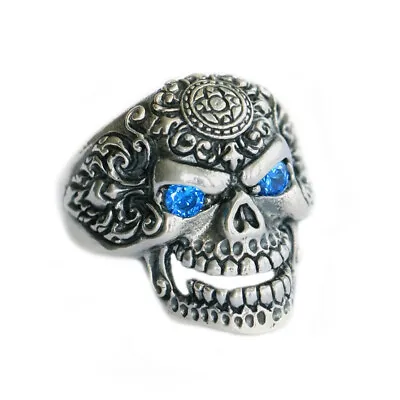 Blue CZ Eyes 925 Sterling Silver Skull Mens Biker Gothic Ring Punk Jewelry TA126 • $55