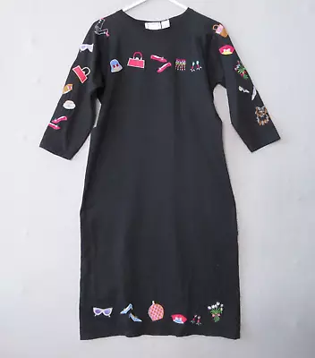 Michael Simon Lite Dress Women Medium Black Embroidered Artsy Cotton Purse Hat • $22.49