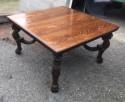 54  Carved Griffin Square Oak Dining Table 2 Leaves Attr. R.j. Horner • $3850