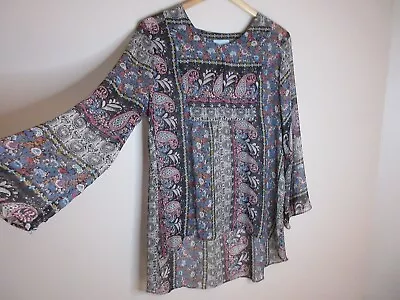 Sz L Veronica M PAISLEY Tunic High Low Top Boho Flowy Blouse Shirt Pink Grey EUC • $8.70