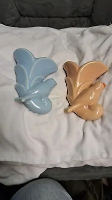 Vtg McCoy Pottery  Cornucopia Bird Wall Pocket Vase Planter Peach Blue Pair 50s • $80