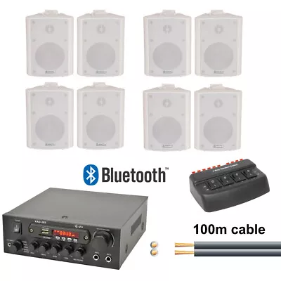 Amplifier 8 Wall Speaker  System Kit 1 2 4 Zone Café Restaurant Shop Bluetooth • £195