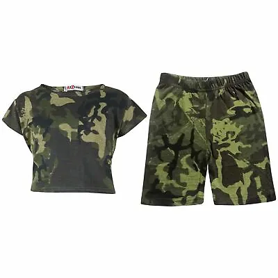 Kids Girls Crop Top & Cycling Shorts Green Camouflage Print Outfit Clothing Sets • £9.99