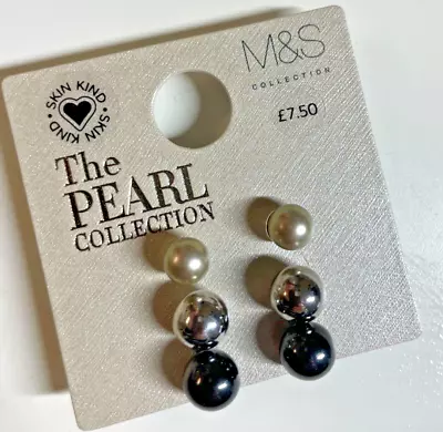 Pearl Earrings Set Costume Jewellery  M&S Hypoallergenic Studs Faux Pearl • £4.99