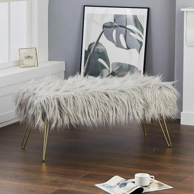£69.95 • Buy Modern Fluffy Bench Pouffe Stool 2 Seater Bench Bedroom Living Room Hairpin Legs