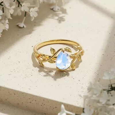 Round Cut Fire Moonstone 14K Yellow Gold Plated Silver Art Deco Engagement Ring • $98.95