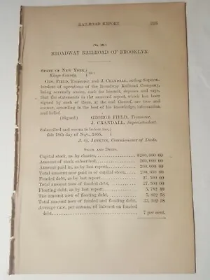 Rare Horse Drawn Streetcar 1865 Train Report BROADWAY RAILROAD OF BROOKLYN NY  • $11.95