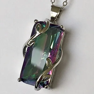 Mystic Topaz Shinning Crystal Pendant Necklace 925 Sterling Silver Emerald Cut • $69.98