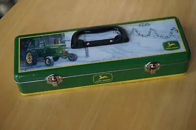 CHRISTMAS John Deere Tractor Holiday TIN Decorative Tool Box Carry Latch Snow • $9.44