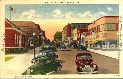 $6.76 • Buy Postcard~Marion Va.~Day-Time View Of Main Street Marion Drug Store~Vintage Cars
