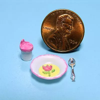 Dollhouse Miniature Baby Sippy Cup Bowl And Spoon In Pink ~ CH603P • $5.84